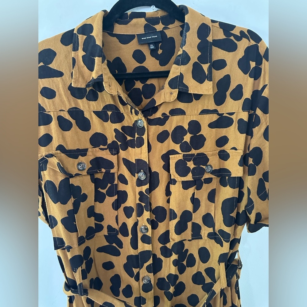 Who What Wear linen Mustard Brown Leopard Print Midi Dress - Picture 7 of 10